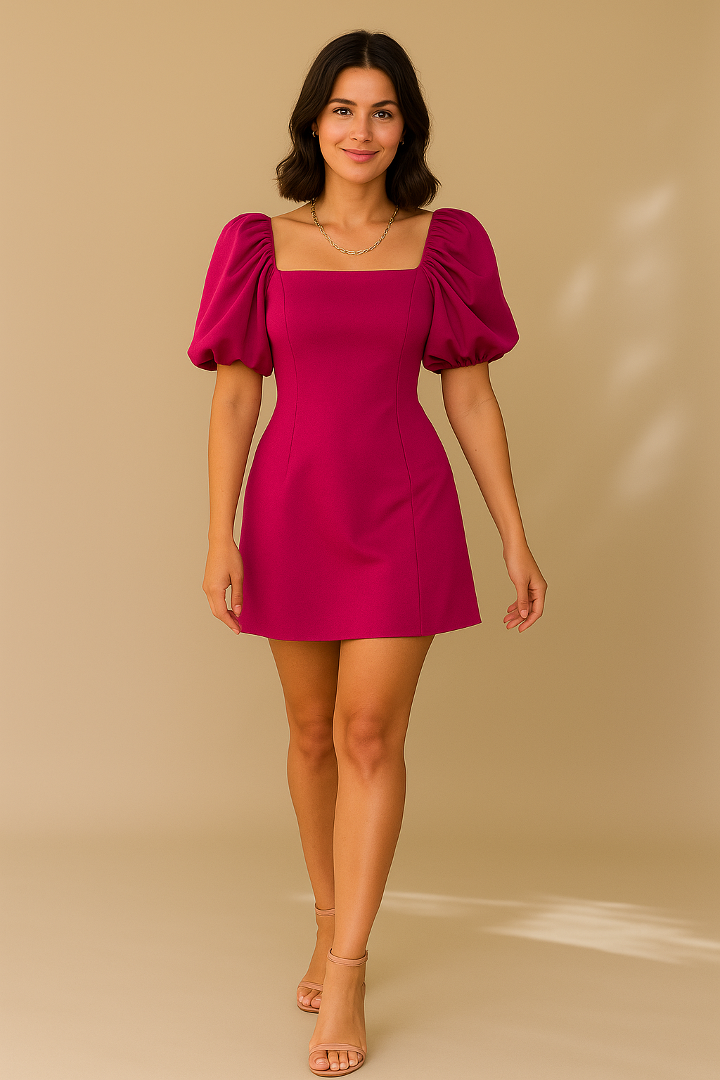 Fuchsia Damen Minikleid mit Puffärmeln