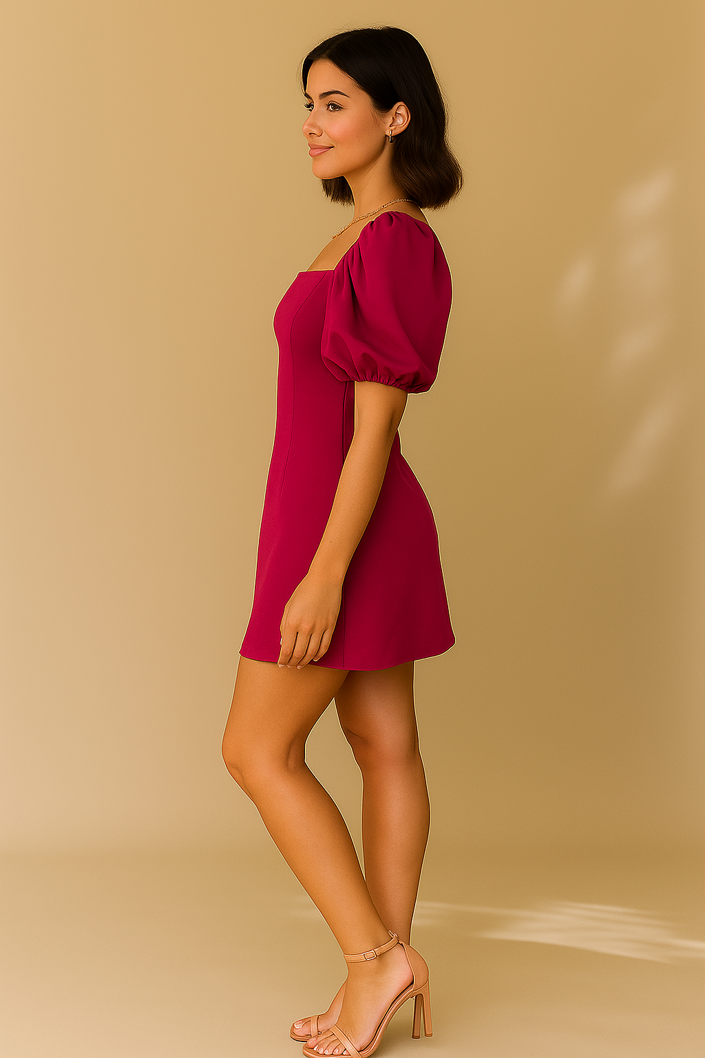 Fuchsia Damen Minikleid mit Puffärmeln