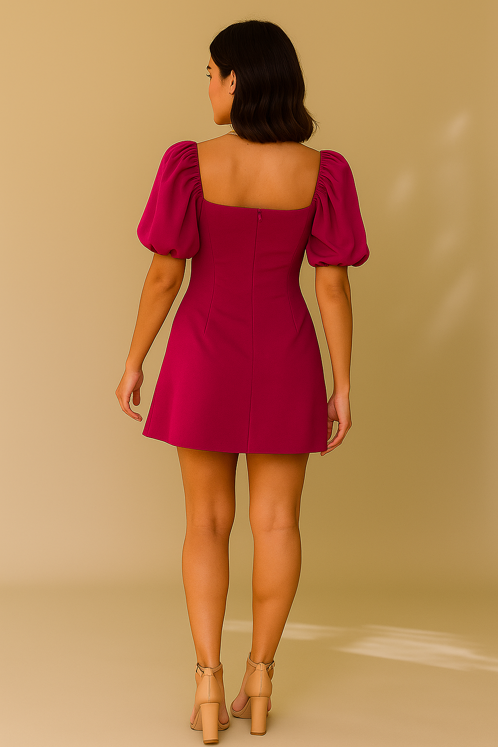 Fuchsia Damen Minikleid mit Puffärmeln